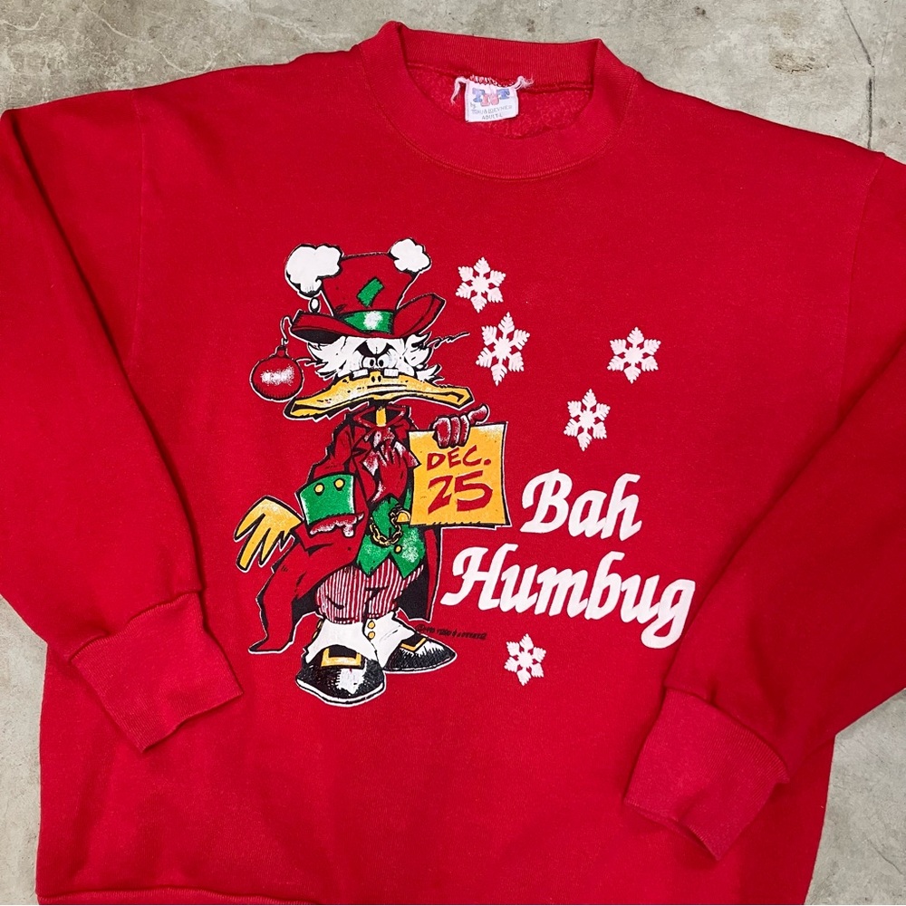 Vtg 90s TNT Bah Humbug Sweatshirt LARGE Christmas Trau & Loevner Xmas Sweater